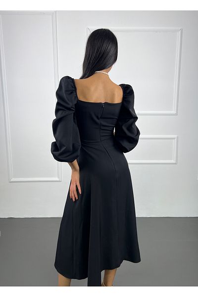 elbisenvarmı Square Neck Midi Length Long Sleeve Slit Detailed Dress