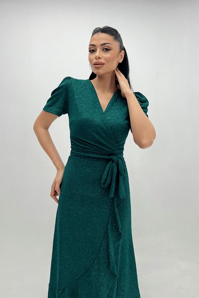 giyimmasalı Imported Glitter Fabric Belt Detailed Midiboy Dress - Emerald Green
