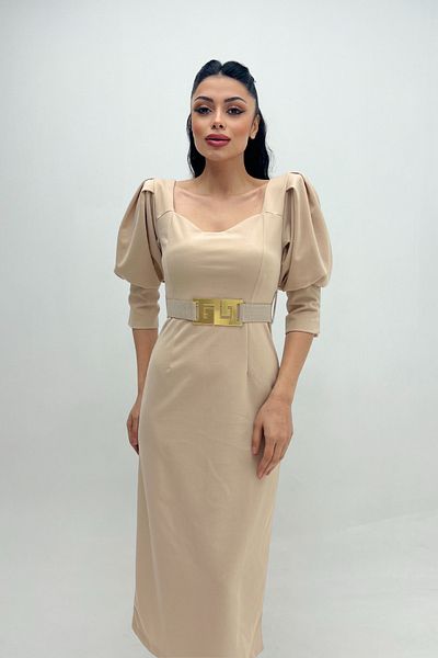 giyimmasalı Crepe Fabric Heart Collar Pencil Dress - CREAM