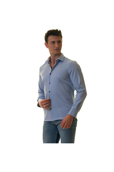 Exve Exclusive Cămașă slim fit Oxford albastru deschis cu detaliu cu model trandafiri pe guler și manșete