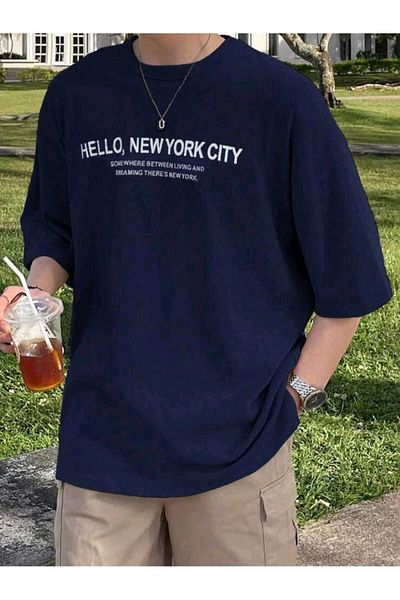 WOODROFFE Ανδρικό μπλουζάκι New York City με στάμπα Navy Blue Oversize - Loose Boyfirend