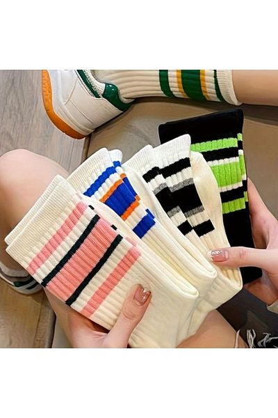 trampler 5 Pairs Unisex Colorful Circled Striped College Tennis Socks Cotton