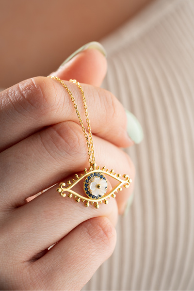 Nereze 925 Ayar Gümüş Gold Kaplama Manolya Çiçeği Detay Nazar Göz Kolye