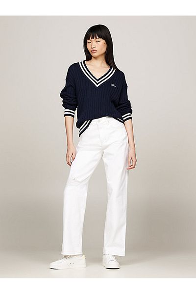 Tommy Hilfiger بنطلون جينز بيتسي متوسط ​​الارتفاع وواسع وممزق
