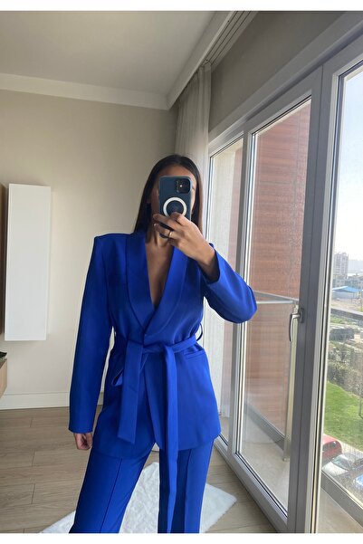 cn novembersun Női sötétkék kendőgallér nyakkendő blézer dzseki nadrág szett