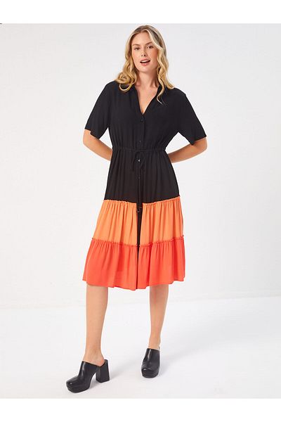 Faik Sönmez Color Blocked Piece Skirt Viscose Dress 68276