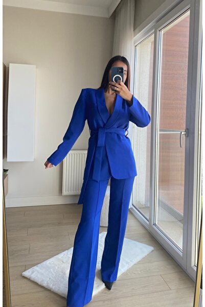 cn novembersun Női sötétkék kendőgallér nyakkendő blézer dzseki nadrág szett