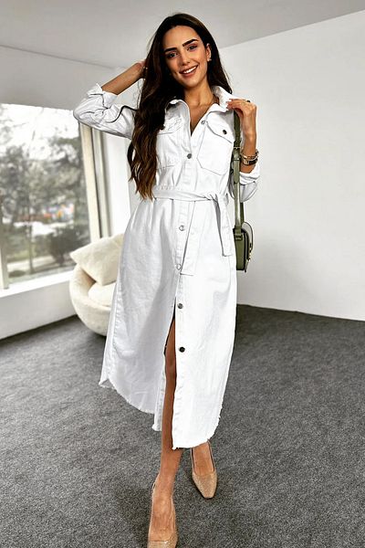 fehika Off White Skirt Fringed Neck Buttoned Jean Dress Belted Denim Blue Gilet Dress
