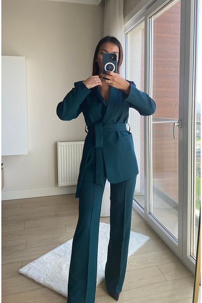 cn novembersun Women's Emerald Green Shawl Collar Tie-Up Blazer Jacket Pants Suit