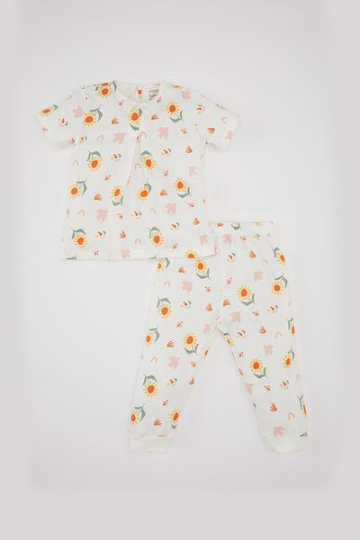 DeFacto Baby-Pyjama-Set für Mädchen, gekämmte Baumwolle, Blumenmuster, Rundhalsausschnitt, kurzärmlig, Oberteil mit elastischem Bund, langes Unterteil C2033a524s