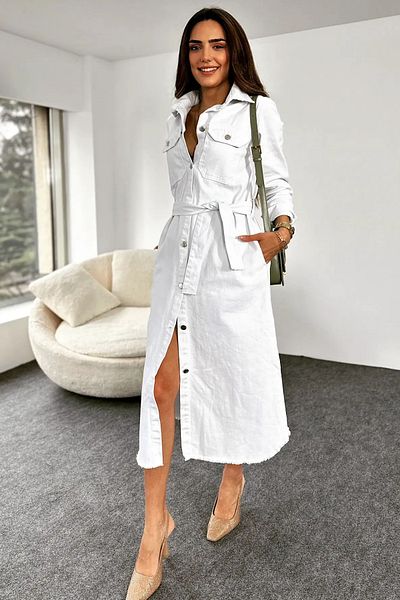 fehika Off White Skirt Fringed Neck Buttoned Jean Dress Belted Denim Blue Gilet Dress