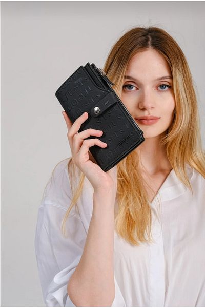 Just Polo Women's Black Horizontal Model Zippered and Covered Wallet-1001