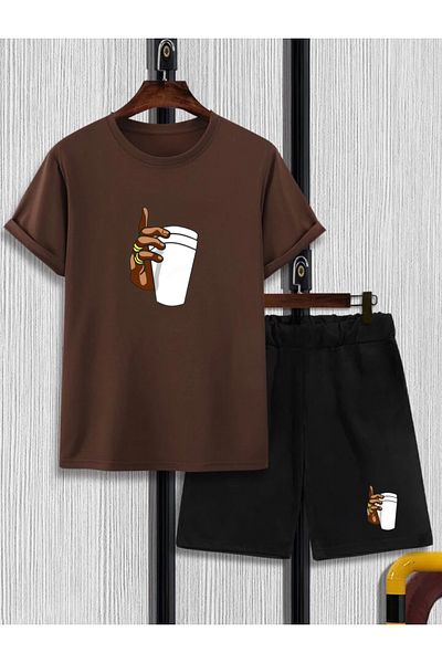 Serays moda Комплект шорти за момичета/момчета с щампа на чаши за кафе