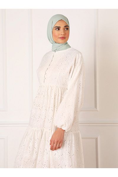 Refka Brit Detailed Scallop Hijab Dress - Off White - Refka