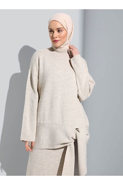 Refka Tie Detailed Tunic & Skirt Knitwear Set - Light Mink -