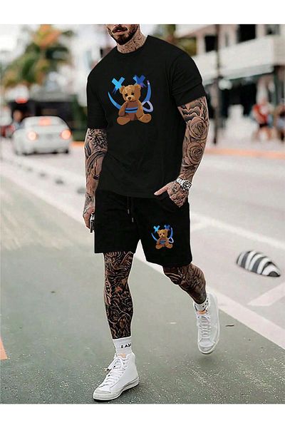 donamod Men's Oversize Basic Beast Fashion – Cotton Face Bear T-Shirt and Short Set