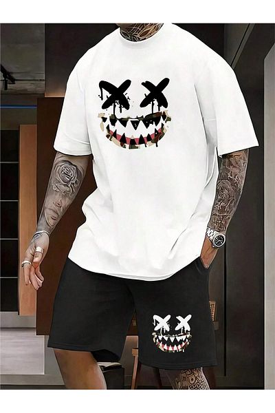 donamod Men's 2-Piece Oversize Basic Beast Fashion Printed Cotton Smiling Face X X Eyed T-Shirt Shirt and Shorts Set