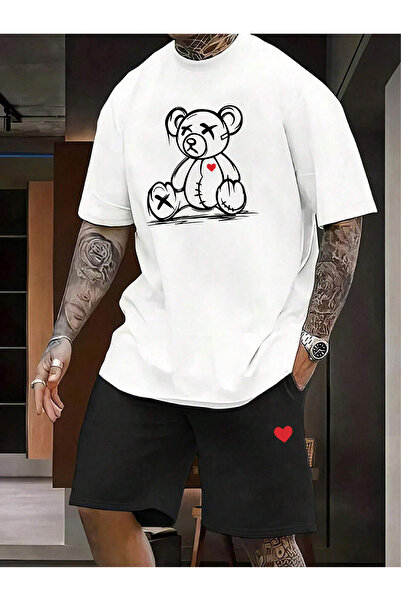 donamod Чоловічі 2 шт. негабаритні базові сорочки з ведмежим серцем внизу і топом Tisort і набір для сортування