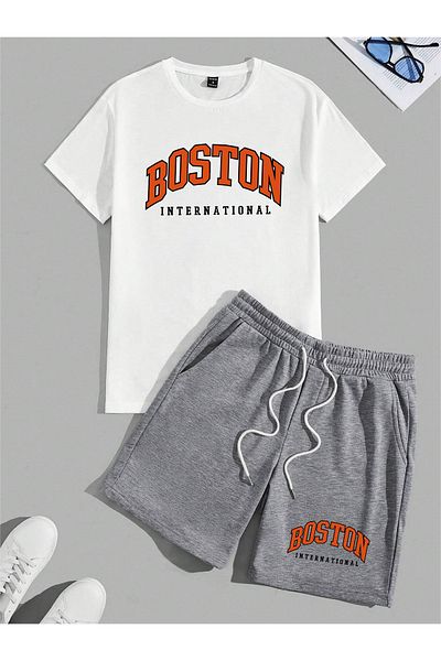 donamod Men's 2-Piece Oversize Basic Boston International Red Lettering Bottom Top T-Shirt Shirt and Shorts Set