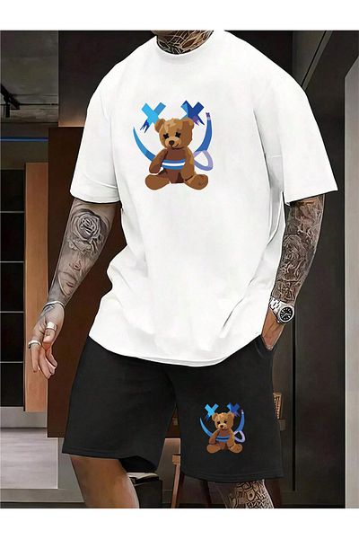 donamod Men's 2-Piece Oversize Basic Beast Fashion Printed Cotton Tongue Smiling Face Bear T-Shirt Shirt and Shorts Set