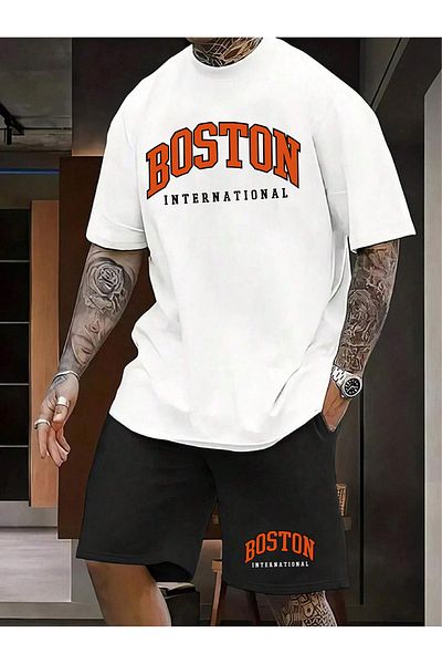 donamod Ανδρικό μπλουζάκι 2 τεμαχίων Oversize Basic Boston International με κόκκινα γράμματα στο κάτω μέρος πουκάμισο και σορτς