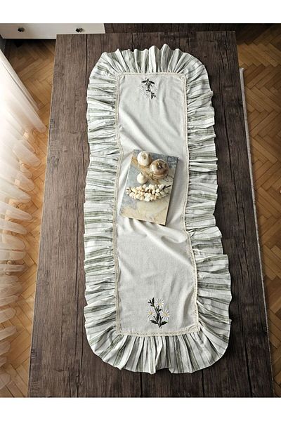 shules collection Daisy Embroidered, Frilly, Buldan Linen Runner