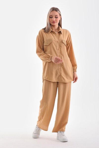 WestBound Women's Stone Embroidered Hijab Double Summer Top and Bottom Set - Mink