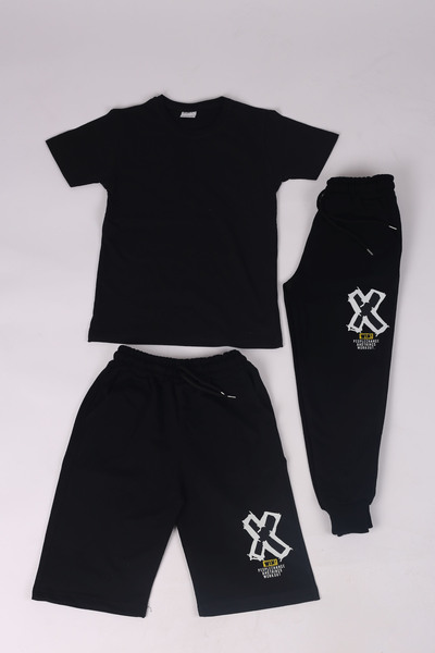 COSBA kids wear Tricou simplu de bază din bumbac și pantaloni de trening cu imprimeu Win X și combinație Capri din 3 piese