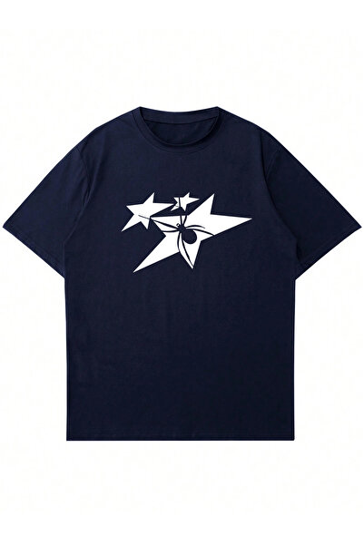 Ginevra Tricou oversize unisex - Imprimat cu stele și păianjen, cu guler rotund