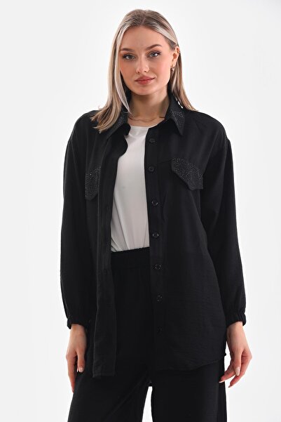 WestBound Women's Stone Embroidered Hijab Double Summer Top and Bottom Set - Black