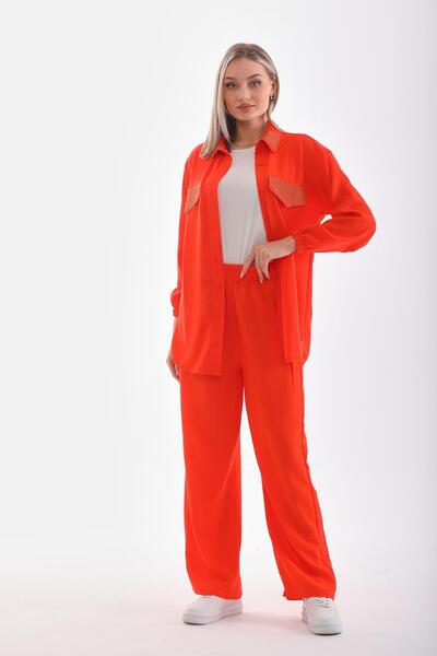 WestBound Women's Stone Embroidered Hijab Double Summer Top and Bottom Set - Orange