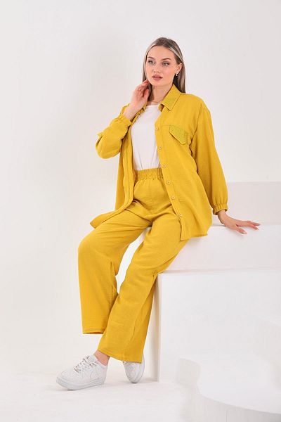 WestBound Women's Stone Embroidered Hijab Double Summer Top and Bottom Set - Mustard Yellow