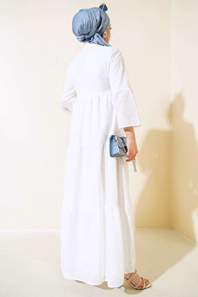 Bigdart Women's Ecru Scalloped Patterned Linen Dress 2469