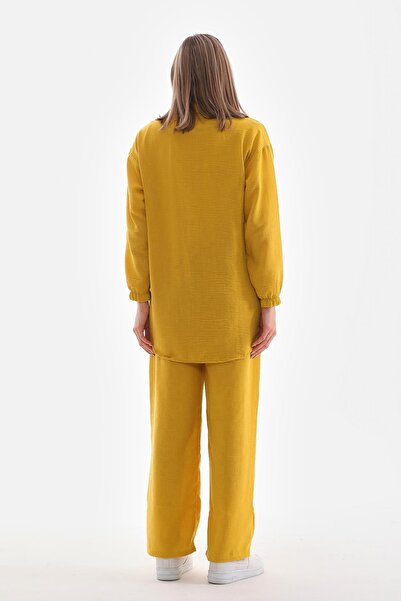 WestBound Women's Stone Embroidered Hijab Double Summer Top and Bottom Set - Mustard Yellow