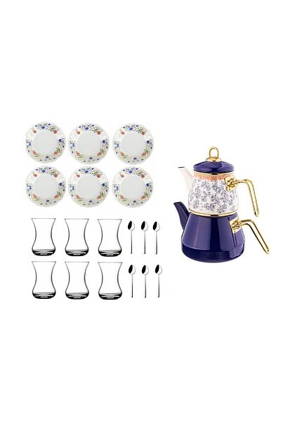 Paşabahçe Iris 21 Piece Enamel Teapot and Lalenaz Tea Cup Set
