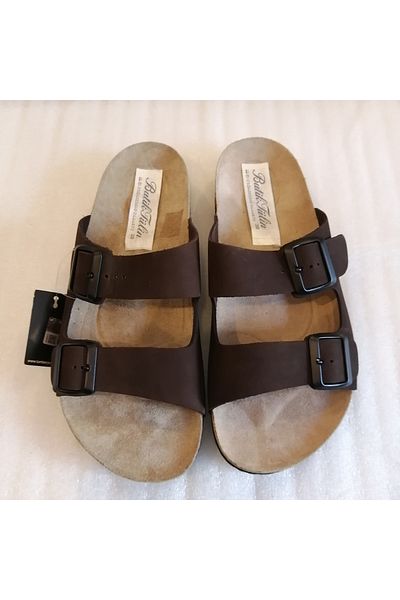 Butik Tülin شبشب جلد نوبوك بني للجنسين - حزام مزدوج، إبزيم قابل للتعديل، نعل من جلد البقر الأصلي و إيفا