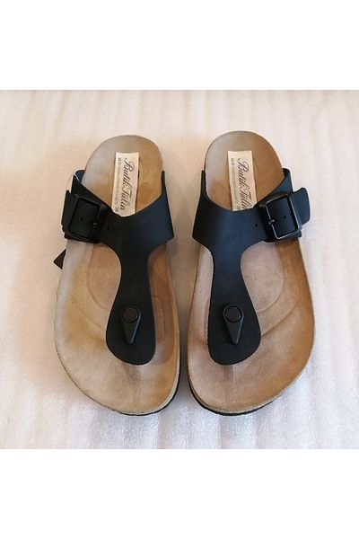 Butik Tülin جلد البقر الأصلي للجنسين باللون الأزرق الداكن - شبشب من جلد نوبوك وإبزيم ونعل من الفلين إيفا
