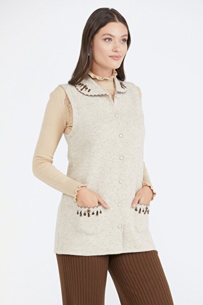 Sementa Kadın Cepli Düğmeli Triko Yelek - Bej