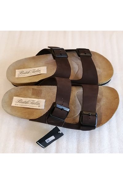 Butik Tülin شبشب جلد نوبوك بني للجنسين - حزام مزدوج، إبزيم قابل للتعديل، نعل من جلد البقر الأصلي و إيفا