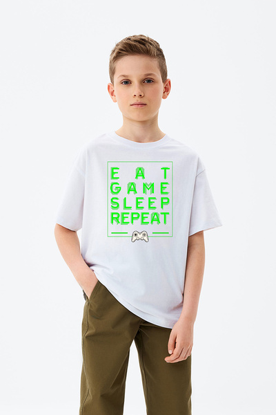 MYADA Tricou pentru băieți cu imprimeu Eat Game Sleep Repeat