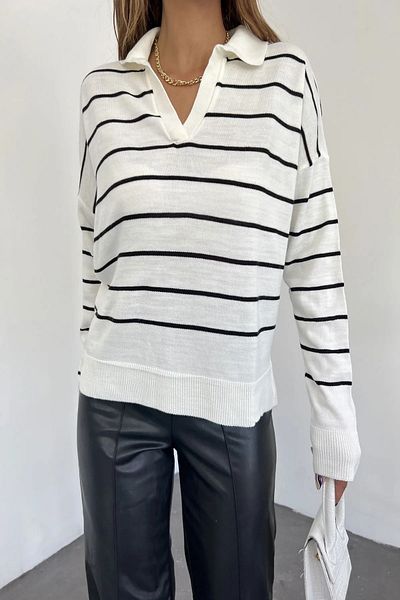 LE CARAMBOLE Women's Ecru Black Striped Polo Neck Oversize Knitwear Sweater CHN1962