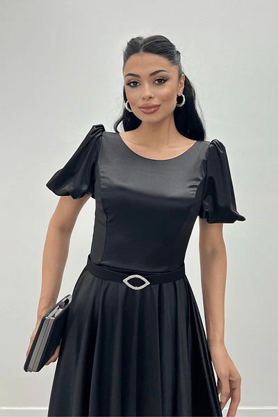 giyimmasalı Satin Fabric Balloon Sleeve Midi Dress - BLACK