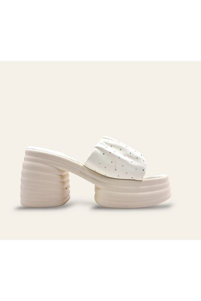 Guja Thick Heel Platform Heel Women's Beige Single Band Stone Slippers