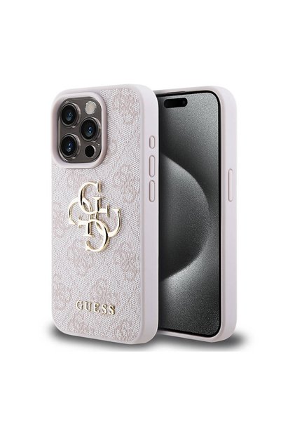 Guess iPhone 15 Pro Compatible Case Guess Licensed PU Leather Text and 4G Metal Logo Patterned Cover Pink