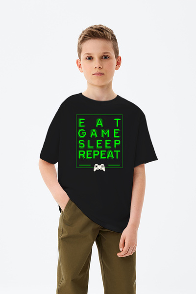 MYADA Tricou pentru băieți cu imprimeu Eat Game Sleep Repeat