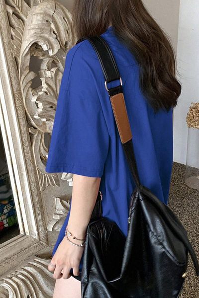 MODAGEN Tricou oversize unisex, albastru, cu decolteu triplu, imprimat cu mii de mii