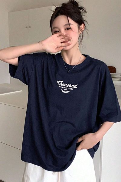MODAGEN Μπλουζάκι Unisex Navy Blue Crew με λαιμόκοψη χίλια στάμπα oversize