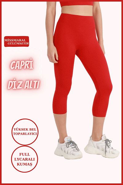 missmaral Women's Capri Tights Red Below the Knee High Waist Recovery Skinny Leg Cot Stitching Detailed Capri 1020