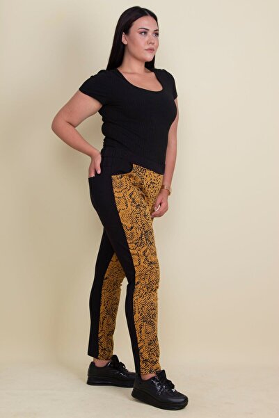Şans Women's Large Size Mustard Lacquer Patterned Waist Elastic Pocket Trousers 65n17892
