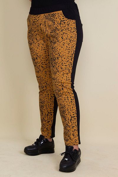 Şans Women's Large Size Mustard Lacquer Patterned Waist Elastic Pocket Trousers 65n17892